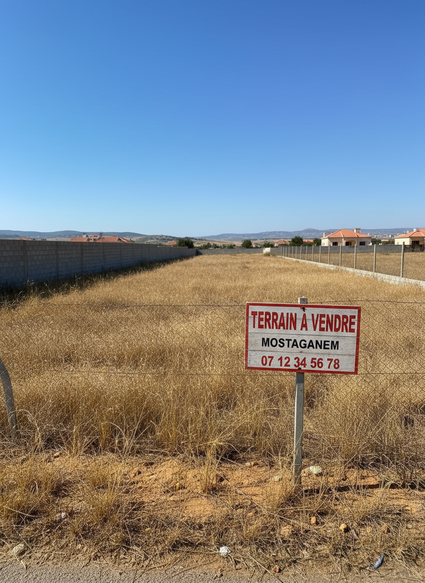 Image photographique ultra réaliste d’un terrain constructible à vendre en périphérie de Mostaganem. Parcelle plane recouverte d’herbe sèche dorée et de terre ocre, délimitée par un simple muret bas en parpaings sur un côté et une clôture grillagée sur l’autre. Au loin, on aperçoit quelques maisons basses et des collines douces, sous un ciel bleu clair sans nuages. La lumière est celle d’un milieu de journée ensoleillé, créant des couleurs franches et des ombres nettes mais courtes. Composition en légère contre-plongée mettant en valeur la profondeur du terrain, avec une perspective fuyante vers l’horizon. Atmosphère réaliste, claire et informative, adaptée à une annonce immobilière sérieuse.