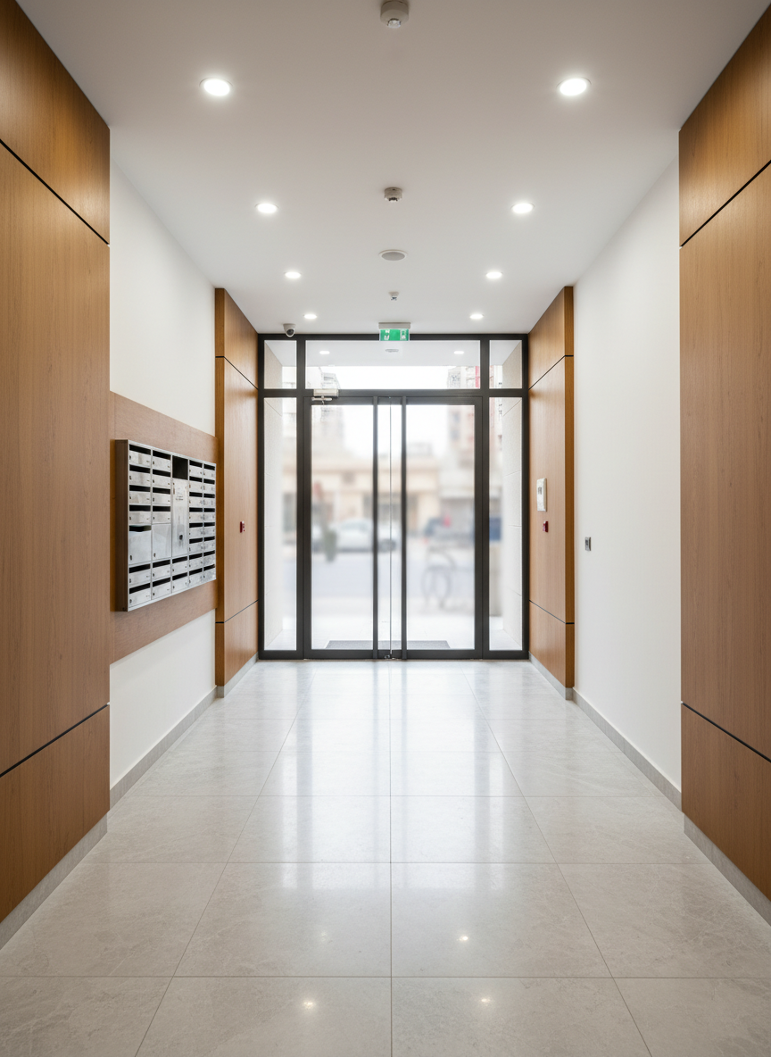 Photographie intérieure d’un hall d’entrée d’immeuble résidentiel neuf à vendre à Oran. Sol en carrelage grand format effet marbre gris clair, murs habillés de panneaux bois chaleureux et d’enduit blanc, boîte aux lettres métalliques modernes alignées proprement contre un mur. Une grande porte vitrée donne sur l’extérieur urbain légèrement flou. Éclairage combiné de lumière naturelle diffuse et de spots encastrés au plafond, créant un rendu lumineux et haut de gamme. Prise de vue à hauteur d’œil, composition symétrique et nette. L’atmosphère est sécurisée, soignée et professionnelle, illustrant la qualité des parties communes d’une promotion immobilière sans présence humaine ni signalétique textuelle lisible.