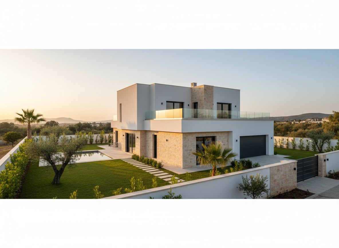 Vue panoramique photographique d’une villa indépendante à vendre près d’Oran, architecture contemporaine cubique avec façades blanches et touches de pierre naturelle beige. Jardin clôturé soigné avec pelouse verte, quelques arbustes méditerranéens et une allée en dalles claires menant au garage. La villa dispose d’une grande terrasse à l’étage avec garde-corps en verre. Lumière de fin de journée, ciel légèrement doré créant des ombres longues et élégantes sur la façade. Prise de vue en léger angle, utilisant la règle des tiers pour mettre la villa en valeur, netteté parfaite sur l’ensemble de la propriété. Atmosphère haut de gamme, calme et sécurisante, parfaite pour un site d’agence immobilière professionnelle.