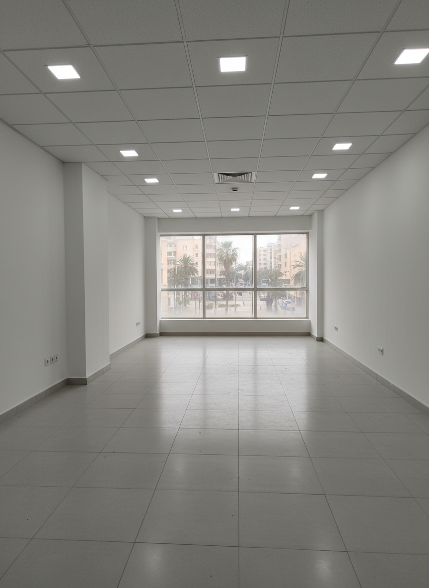Photographie réaliste d’un bureau vide dans un local commercial à louer au centre d’Oran. Grande pièce rectangulaire aux murs blancs impeccables, sol en carrelage gris clair légèrement brillant, faux plafond avec spots LED encastrés allumés. Une large baie vitrée donne sur une artère urbaine floue à l’arrière-plan, laissant entrer une lumière naturelle diffuse qui se mélange à l’éclairage artificiel. Prise de vue à hauteur d’œil, profondeur de champ nette, cadrage large pour montrer la surface disponible. L’ambiance est professionnelle, neutre et fonctionnelle, mettant en avant le potentiel du local pour différentes activités, sans aucun mobilier ni personne, idéale pour illustrer une offre de location commerciale.