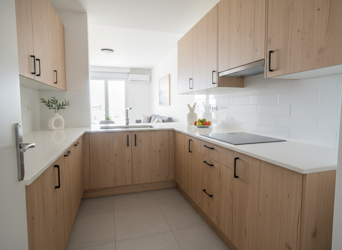 Photographie réaliste d’une cuisine équipée neuve dans un appartement à Mostaganem, conçue pour la mise en avant immobilière. Meubles bas et hauts en bois chêne clair avec poignées discrètes noires, plan de travail en quartz blanc, crédence carrelée blanc brillant. Un évier inox intégré et une plaque de cuisson moderne complètent l’ensemble. La cuisine est ouverte sur un petit séjour, visible en arrière-plan légèrement flouté. Lumière de matinée, douce et naturelle, entrant par une fenêtre latérale, soulignant les textures des matériaux. Composition en légère plongée depuis l’entrée de la pièce, profondeur de champ moyenne. Ambiance propre, fonctionnelle et accueillante, idéale pour présenter un bien à vendre ou à louer.