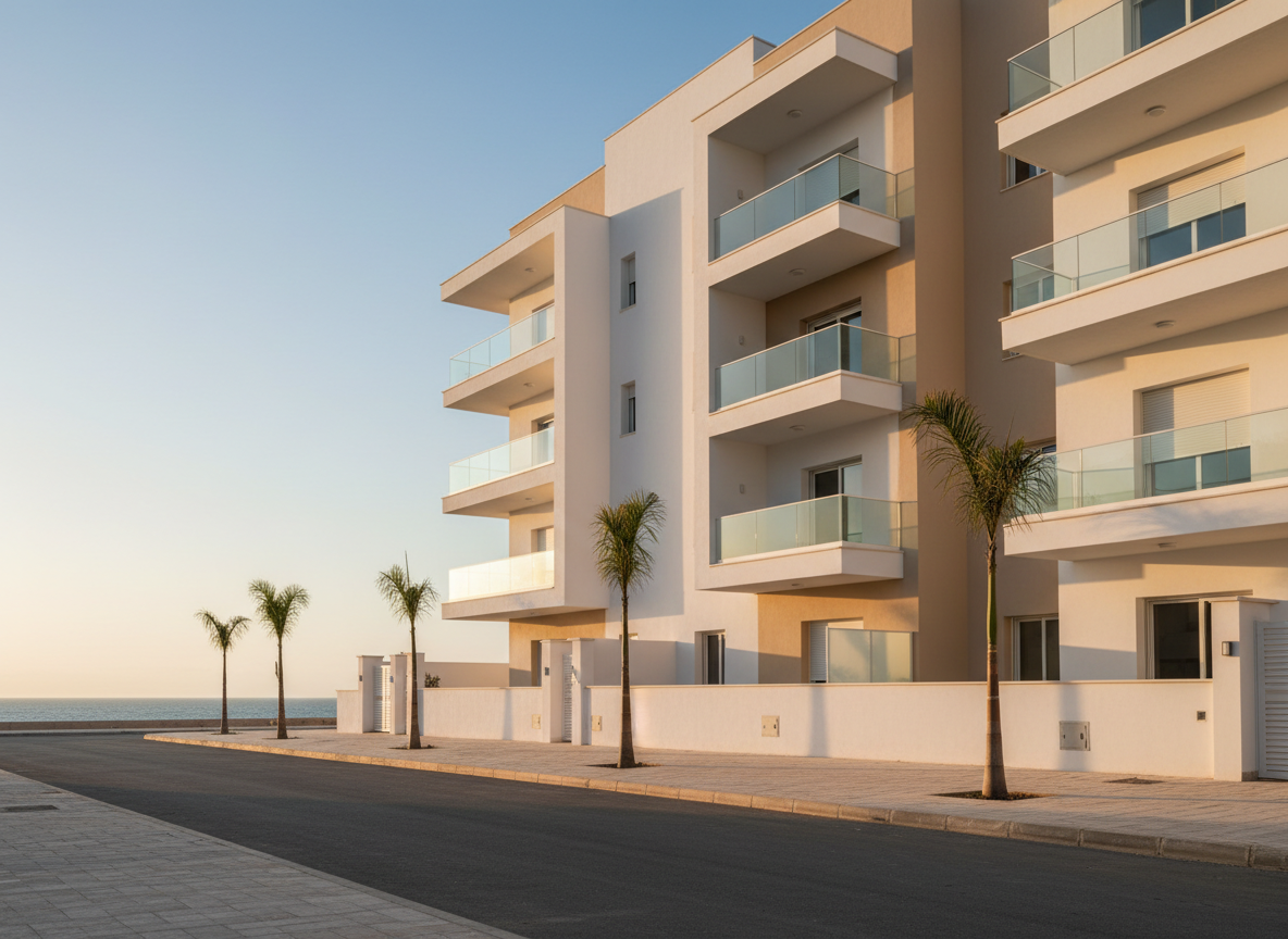 Vue extérieure photographique ultra réaliste d’un immeuble résidentiel moderne à Mostaganem, façade en enduit blanc et beige avec garde-corps en verre transparent. Le bâtiment se dresse sur une rue propre avec trottoir pavé, bordée de quelques palmiers et d’une mer légèrement visible au fond. La lumière est celle de la fin d’après-midi, chaude et dorée, mettant en valeur les volumes et les balcons. Composition en légère contre-plongée, ligne d’horizon basse, profondeur de champ nette sur tout l’immeuble. L’ambiance est professionnelle, rassurante et accueillante, idéale pour illustrer un bien immobilier à vendre ou à louer, dans un style photographique propre et contemporain, sans aucune personne ni texte visible.