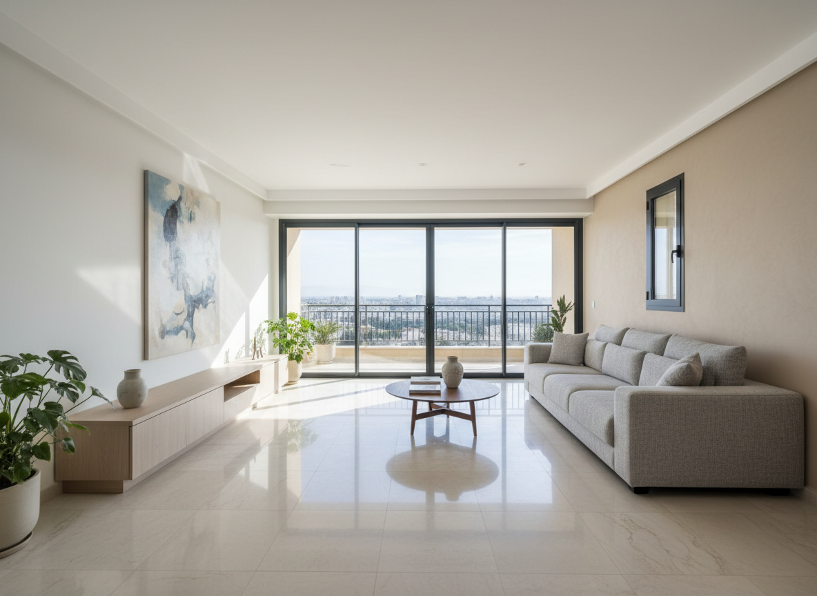 Intérieur photographique d’un salon d’appartement haut de gamme à Oran, décoré dans un style moderne et épuré. Sol en carrelage effet marbre clair, murs blancs et beige sable, baie vitrée donnant sur un balcon avec vue lointaine sur la ville. Un large canapé gris clair en tissu texturé fait face à un mur avec meuble TV minimaliste en bois clair. La lumière naturelle entre par la baie vitrée, créant des reflets doux sur le sol et des ombres subtiles. Prise de vue à hauteur d’œil, large angle montrant l’ensemble de la pièce. Atmosphère lumineuse, élégante et chaleureuse, évoquant un bien immobilier de qualité à la vente ou à la location.